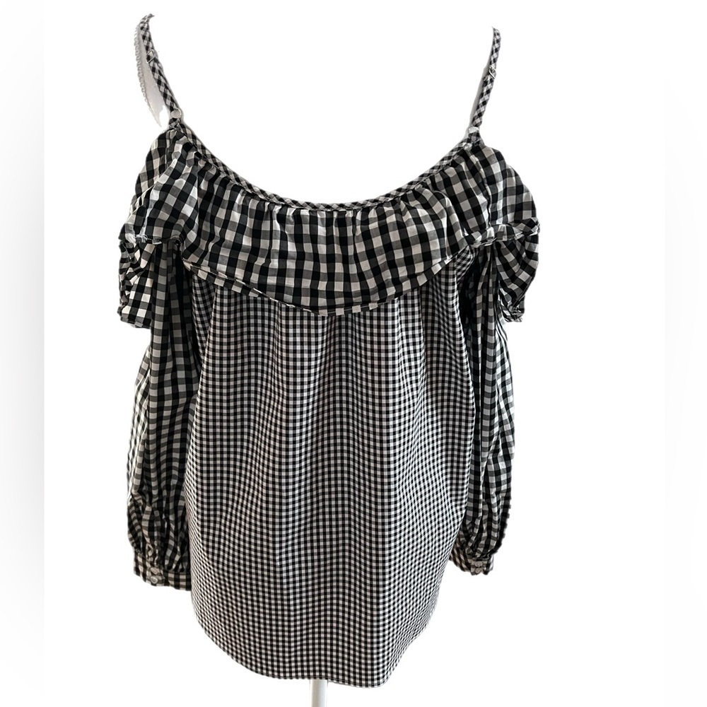 🔥🔥Timing Womens Size L Long Sleeve Shirt Black/White Check Off Shoulder Ruffle - Picture 3 of 5